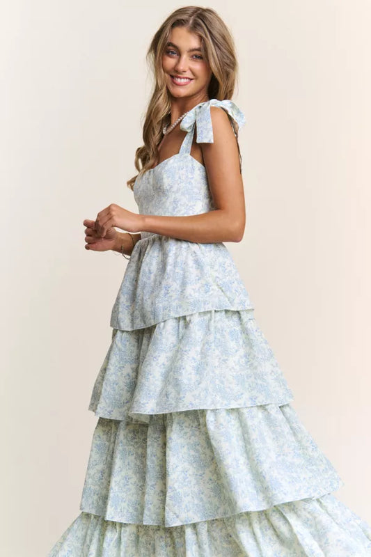 Blue Floral Tiered Midi Dress with Tie Straps