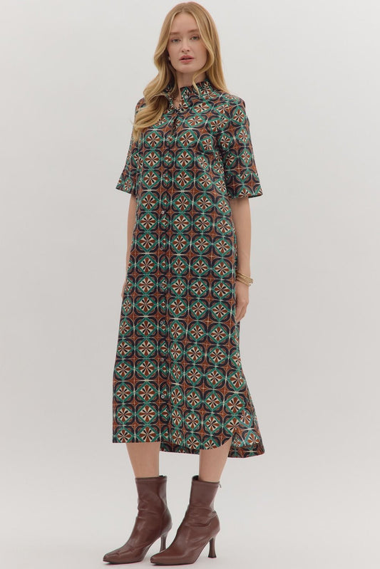 Brown/Teal Geometric Print SS Midi image 1