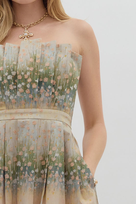 Neutral garden floral print strapless dress image 1