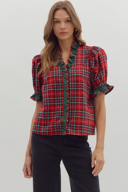 Red Plaid Puff Sleeve Christmas Top image 1