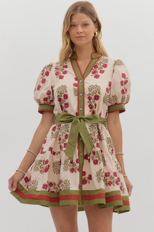 ECRU Floral with Olive & Burgundy Accent Band & Belt image 1