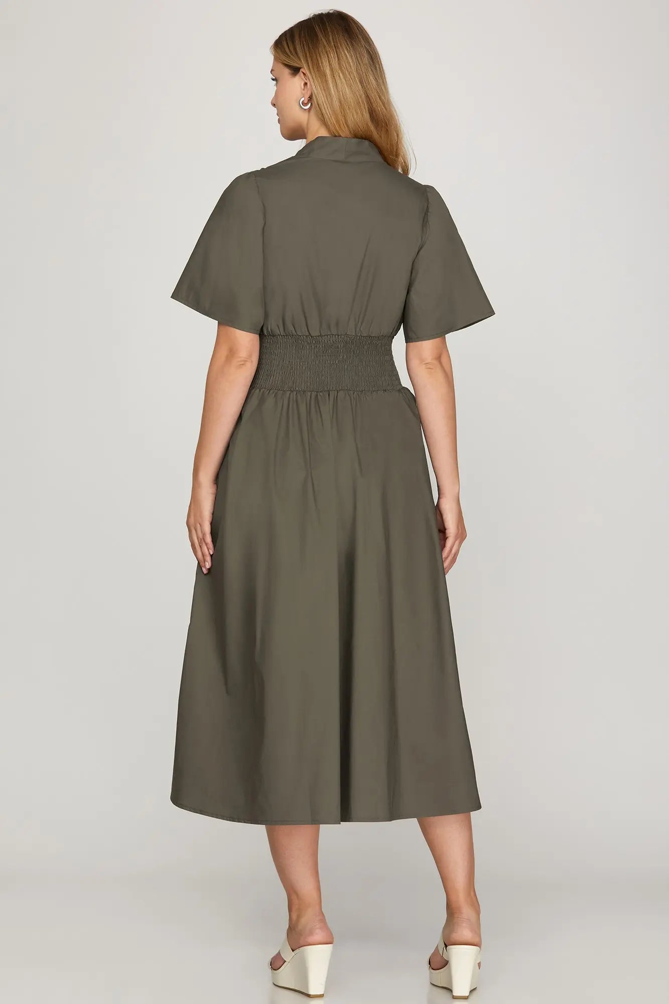 OLIVE SHORT SLEEVE SMOCKED WAIST FRONT ZIP MIDI DRESS image 1