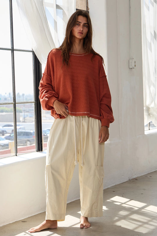 RUST OVERLAP OPEN BACK OVERSIZED REVERSE STICH TOP image 0