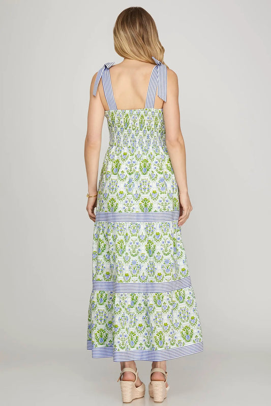 Green & Blue Printed Maxi with Stripe Tie Straps