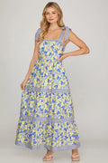 Blue Floral Tie Shoulder Maxi Dress