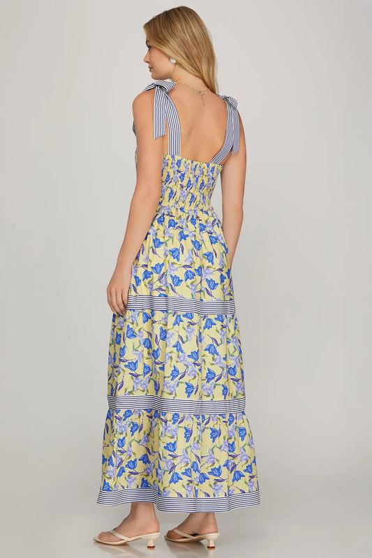 Blue Floral Tie Shoulder Maxi Dress