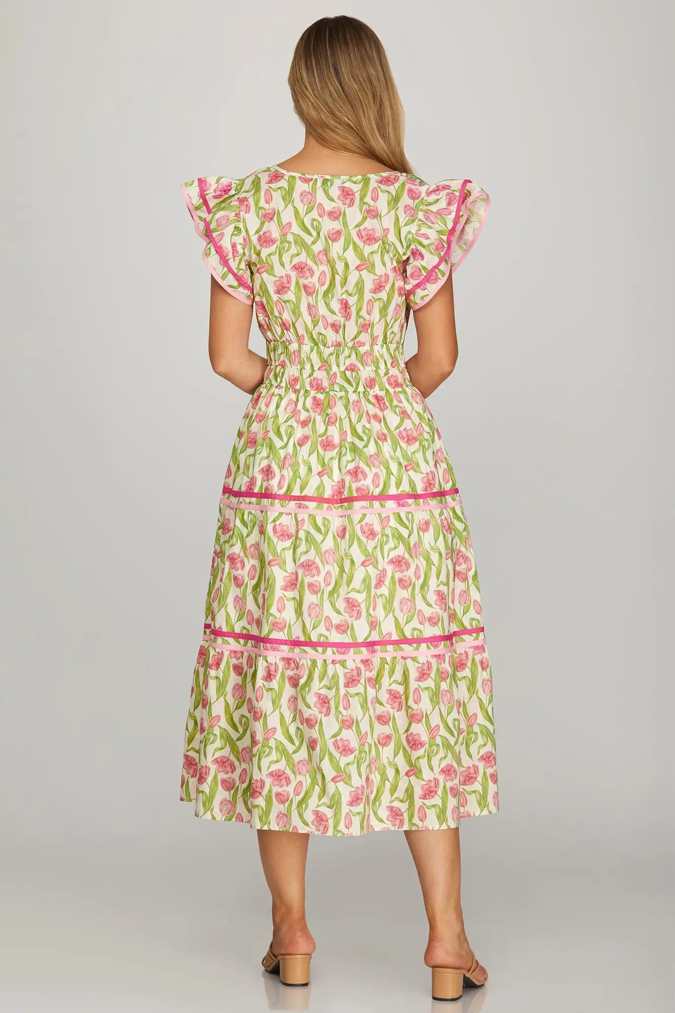 Floral Ruffle Sleeve Tiered Midi Dress Contrast Binding