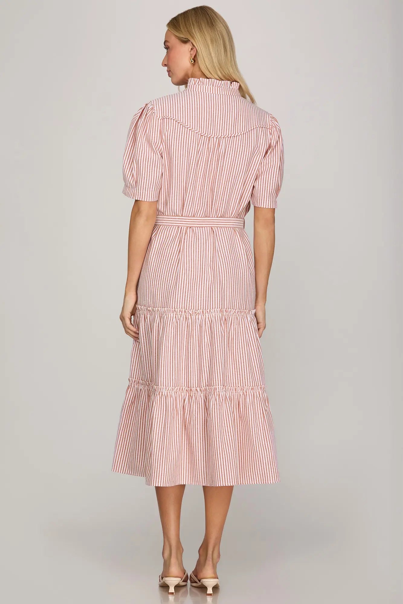 SHORT SLEEVE STRIPED MIDI DRESS WITH POCKETS