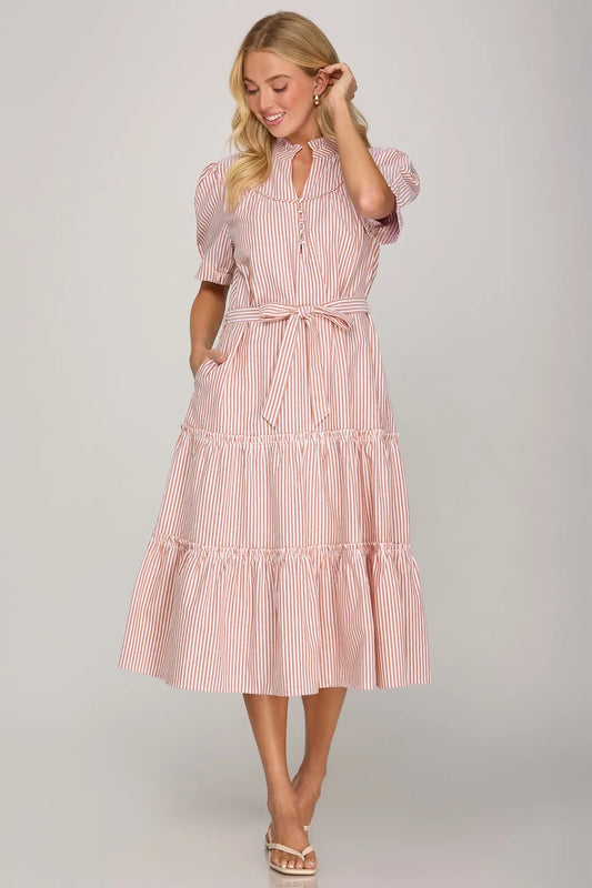 SHORT SLEEVE STRIPED MIDI DRESS WITH POCKETS