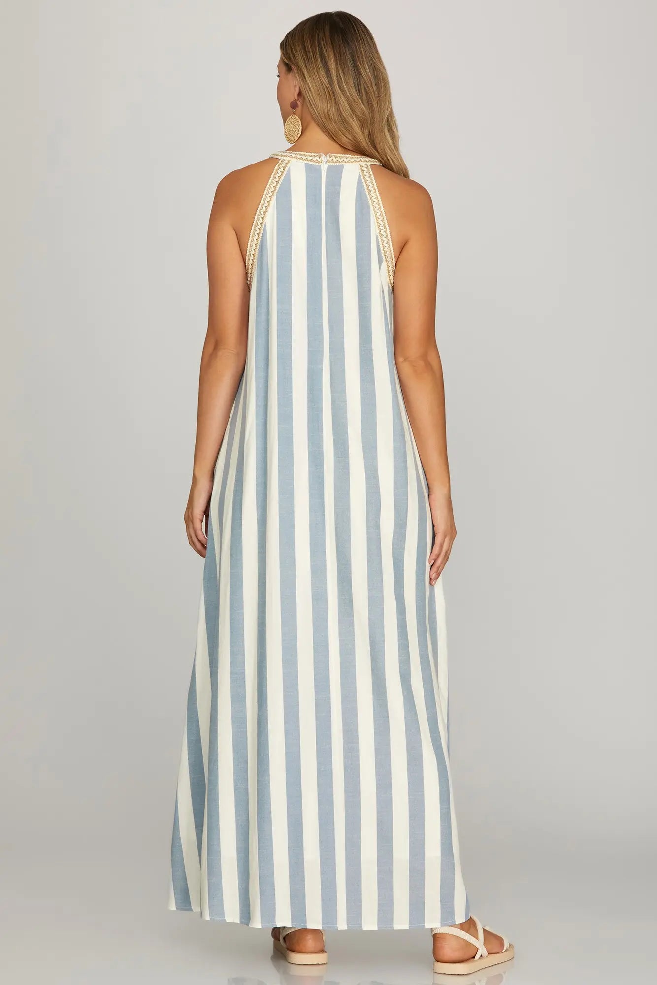 Blue Halter Neck With Trim Stripe A Line Maxi Dress
