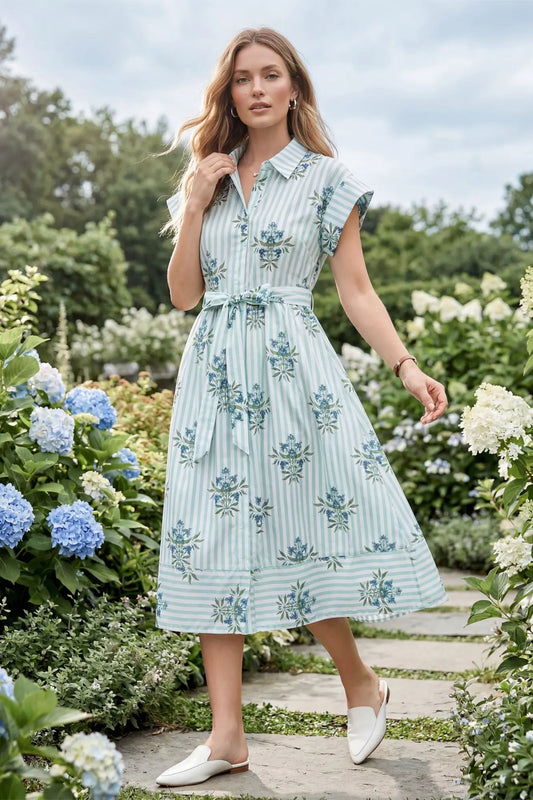 Drop Shoulder Collared Waist Tie Midi