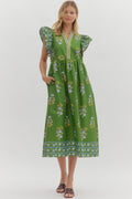 Green Flutter Sleeve Floral Midi image 0