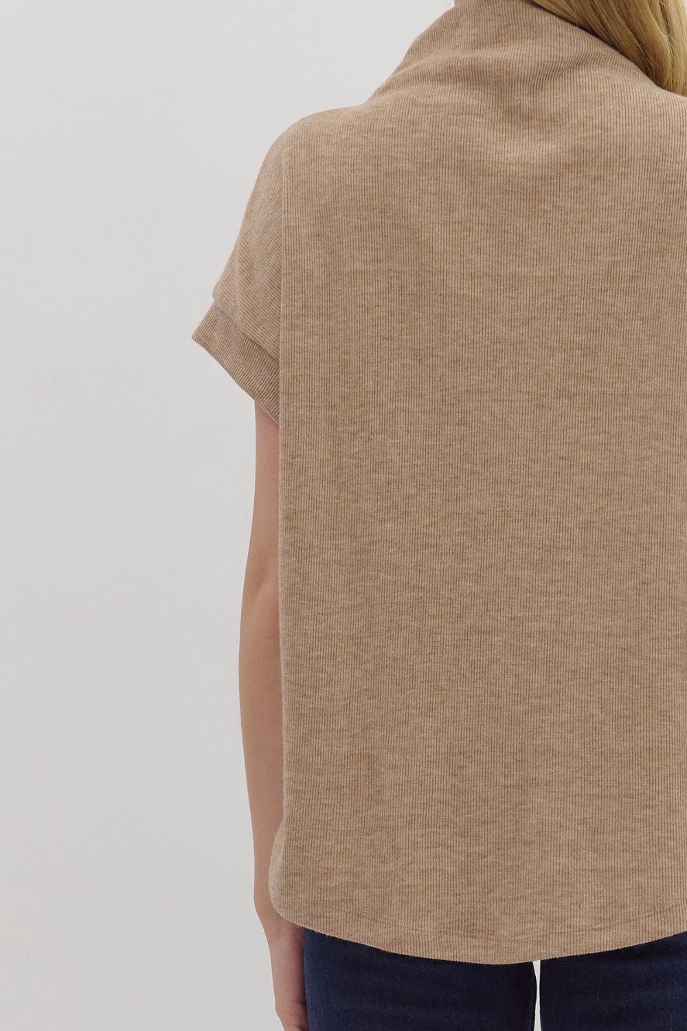 Taupe Solid SS Mock Neck Top Rolled Cuffs image 6