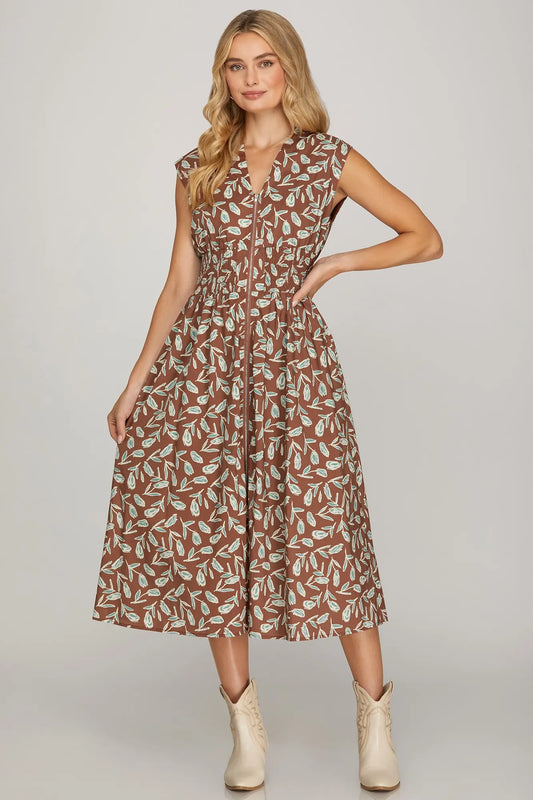 BROWN WITH BLUE FLORAL ZIP UP MIDI image 0