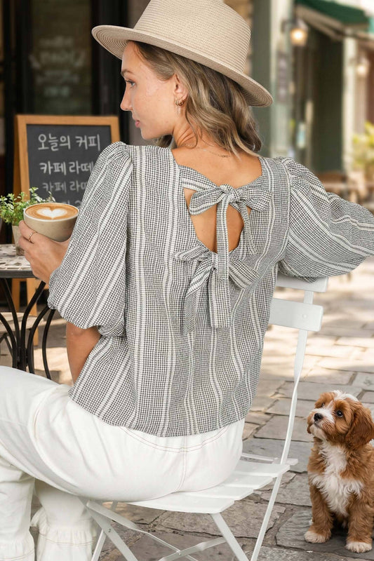 Bow V Back Plaid Blouse Top