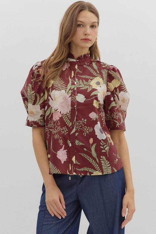 Merlot Floral Ruffled Neck Top image 0