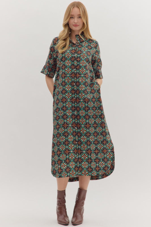 Brown/Teal Geometric Print SS Midi image 0