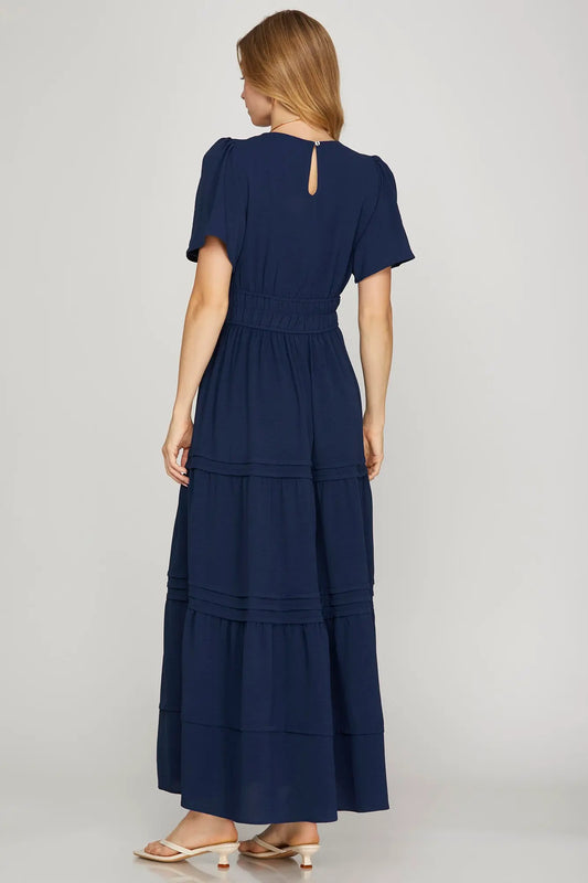 Navy Pintuck Tiered Maxi Dress image 1