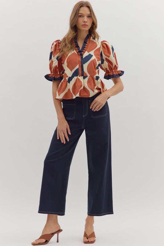 Rust/Navy Abstract Print Top image 1