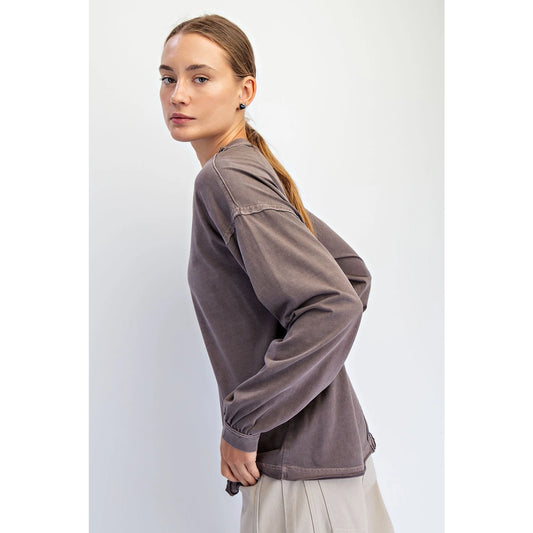 MOCHA OVERSIZED COTTON SLUB LONG SLEEVE TOP image 1