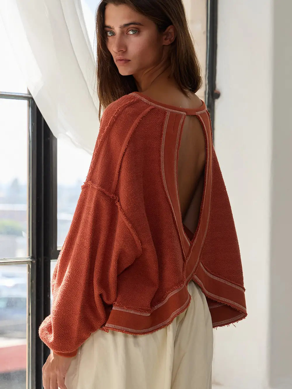 RUST OVERLAP OPEN BACK OVERSIZED REVERSE STICH TOP image 5