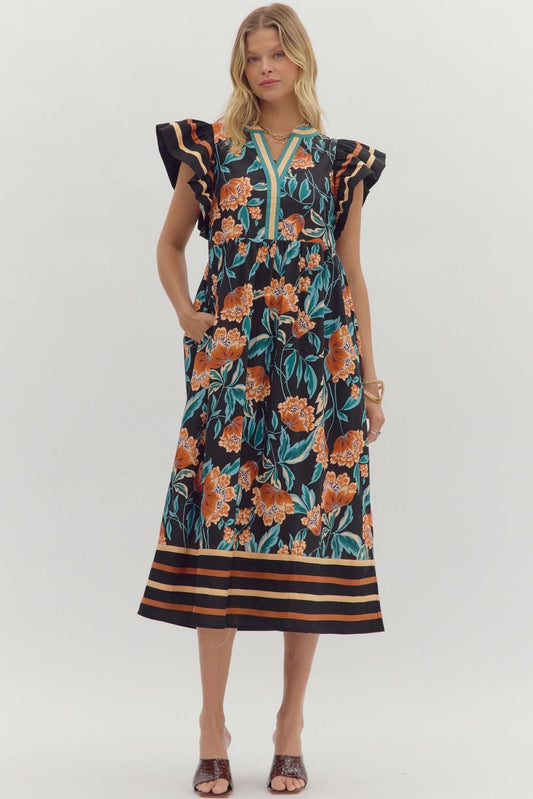 Black & Blue/Rust Floral Flutter Sleeve image 1