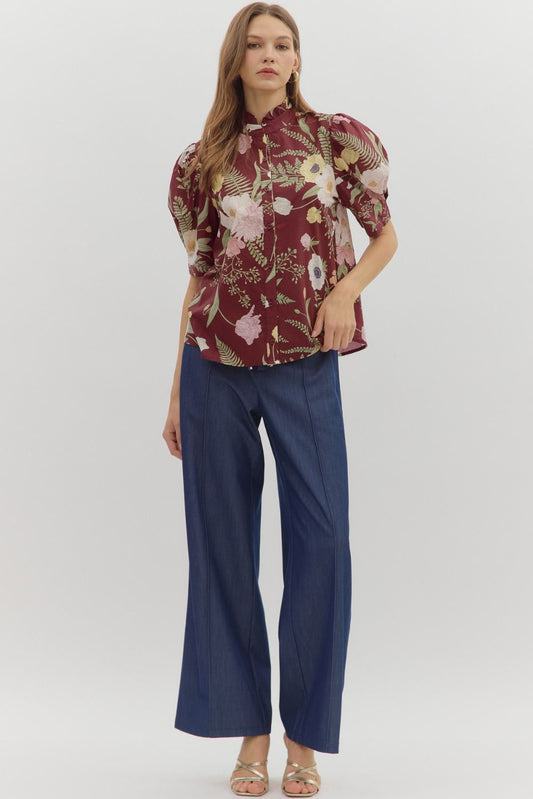 Merlot Floral Ruffled Neck Top image 1