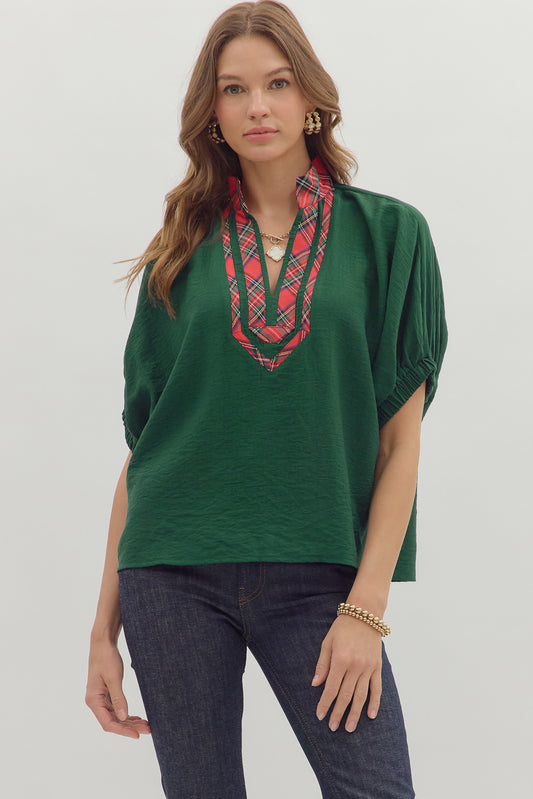 Green Dolman Top w/ plaid vneck image 1