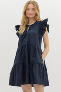 Navy Smocked Flutter Sleeve Mini Dress image 0