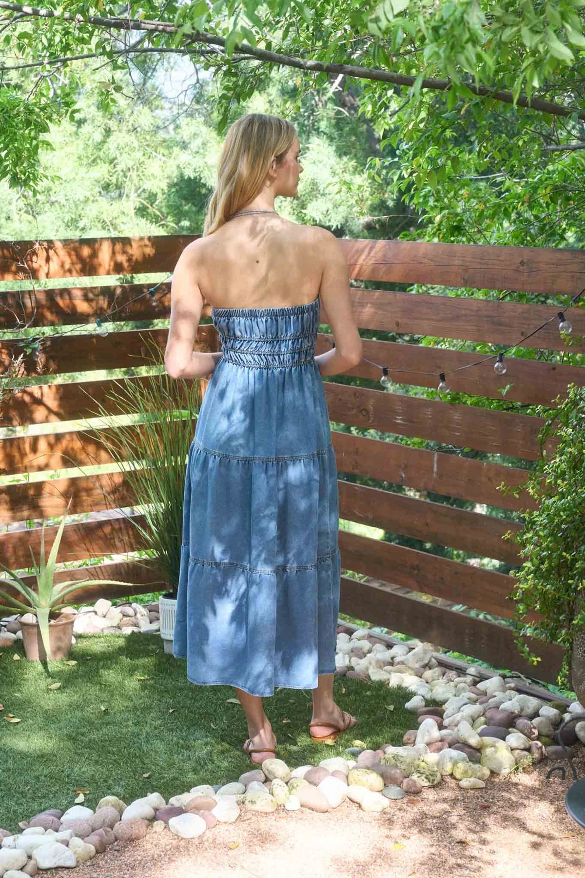 Denim Strapless Tiered Midi Dress