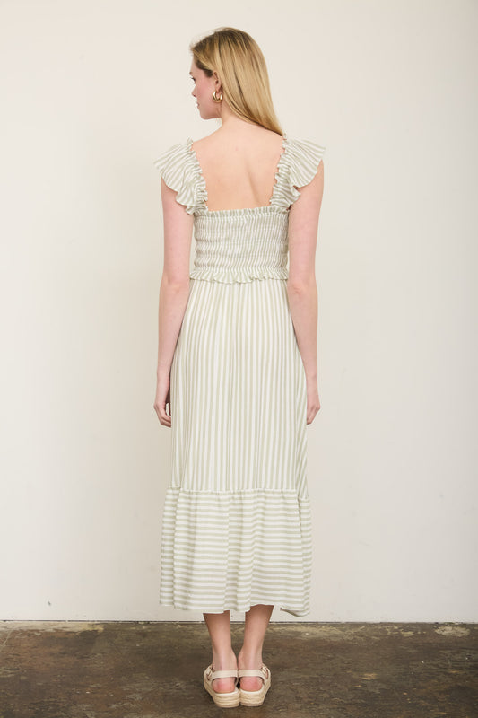 Sage Stripe Smocked Ruffle Trim Midi