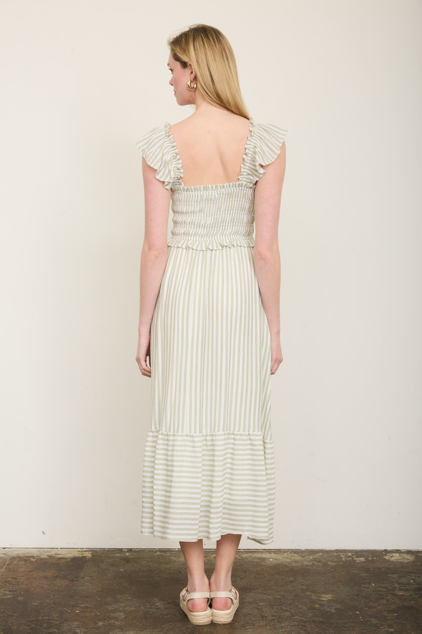 Sage Stripe Smocked Ruffle Trim Midi