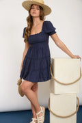 Squared Neckline Puff Sleeve Tiered Mini Dress
