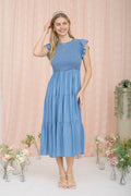 Denim Ruffle Sleeve Tiered Midi