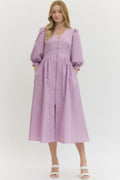 Solid 3/4 Sleeve Smocked Front Zip Midi