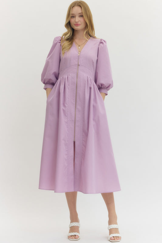Solid 3/4 Sleeve Smocked Front Zip Midi