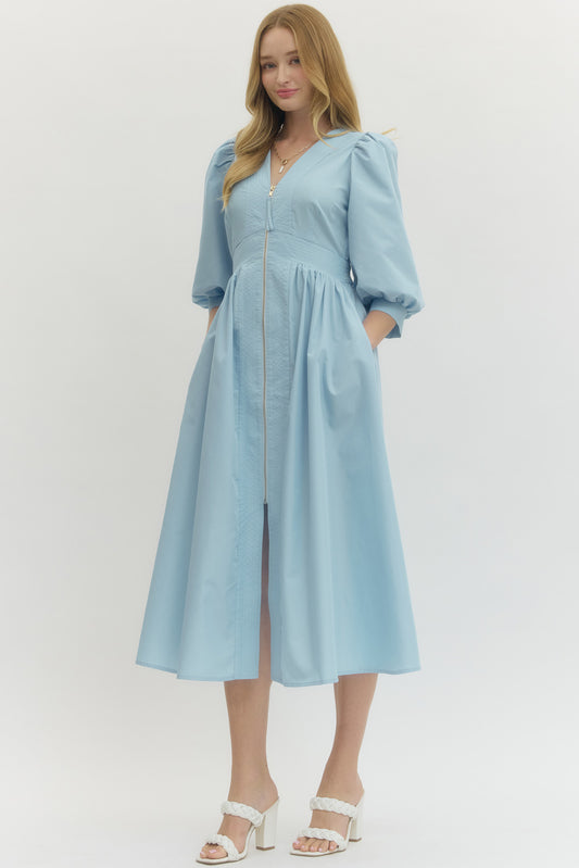 Solid 3/4 Sleeve Smocked Front Zip Midi