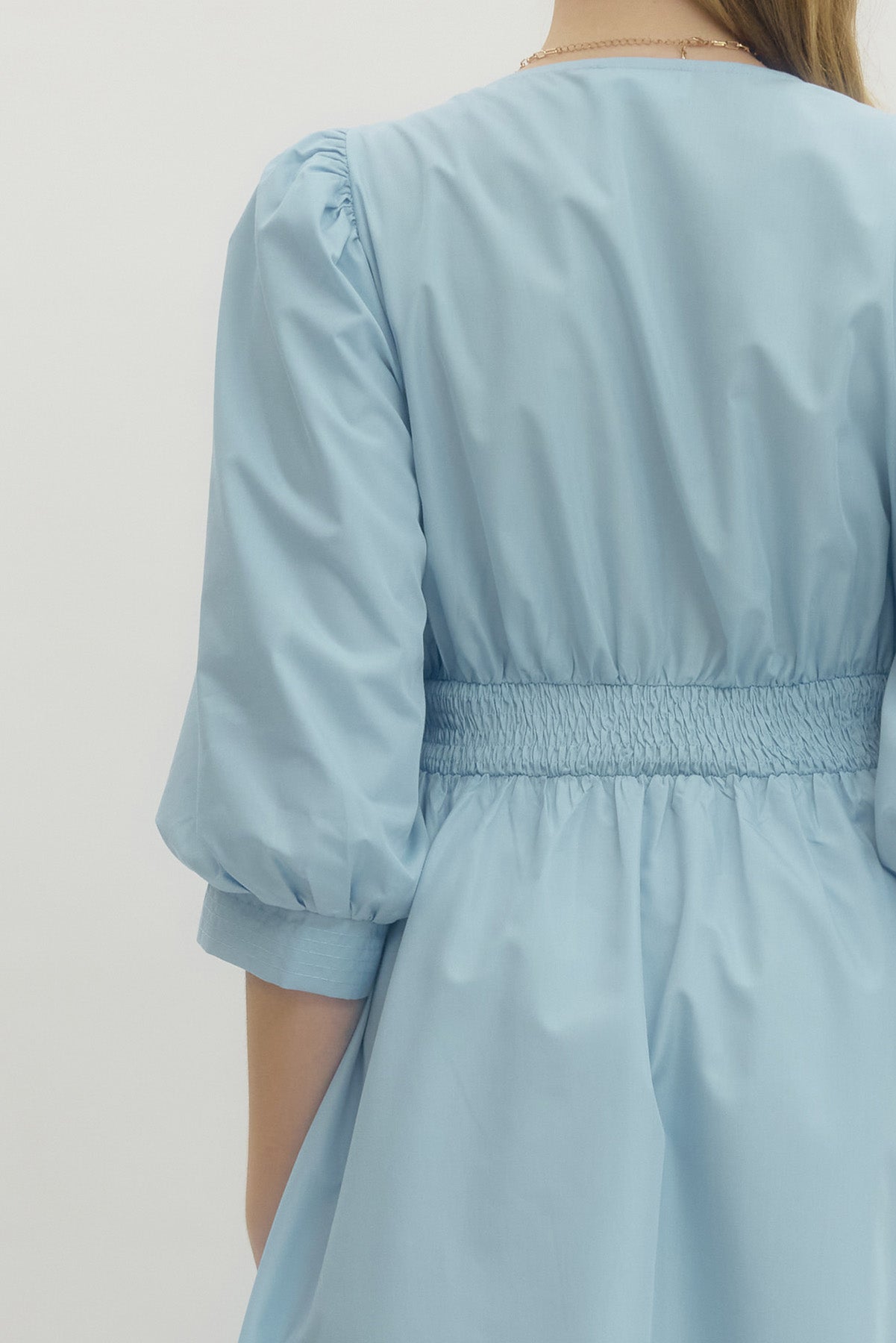 Solid 3/4 Sleeve Smocked Front Zip Midi