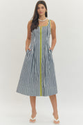 Floral stripe print short puff sleeve midi dress