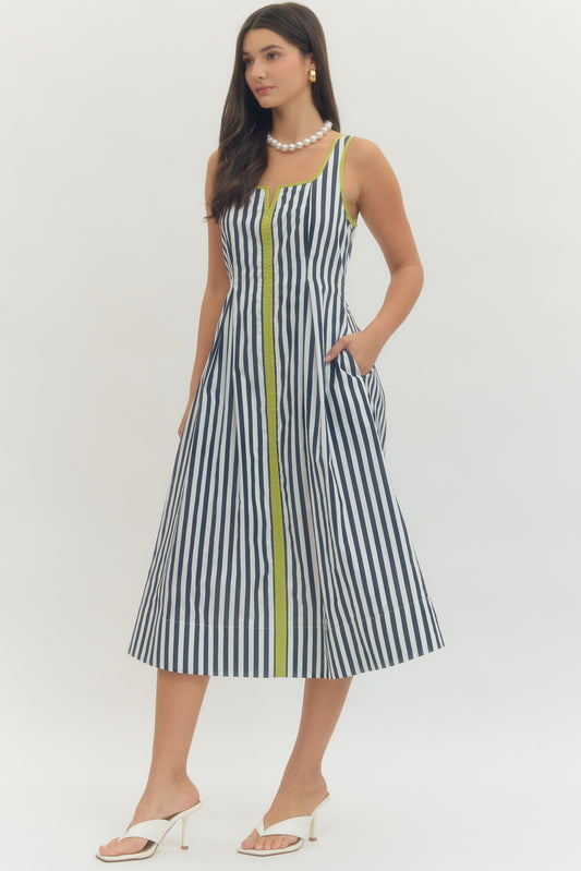 Floral stripe print short puff sleeve midi dress