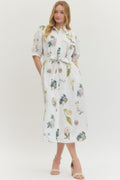 Off White Floral Button Front Midi with Tie-Waist