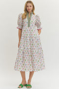 Off White Floral Puff Sleeve Midi w/ Ruffled Collar