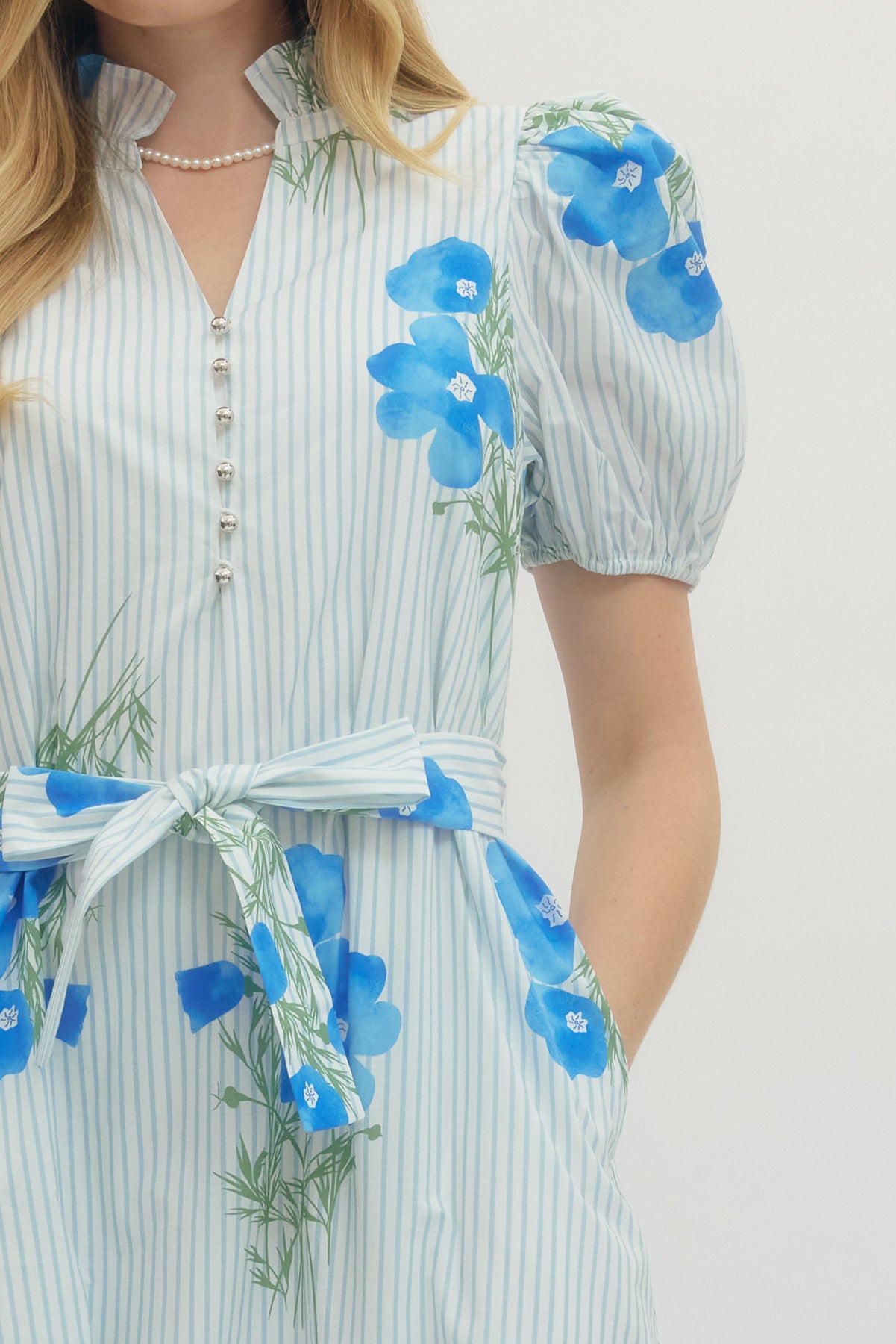 Blue Floral Stripe Puff Sleeve Midi