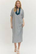 Indigo Striped Shift Midi Dress with Contrast Neckline