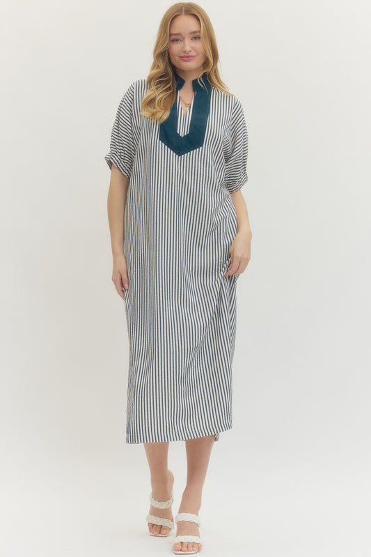 Indigo Striped Shift Midi Dress with Contrast Neckline