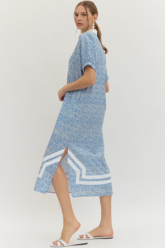 Lt. Blue Floral Contrast Trim Shift Midi