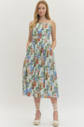 Floral Pleated Strapless Midi Dress