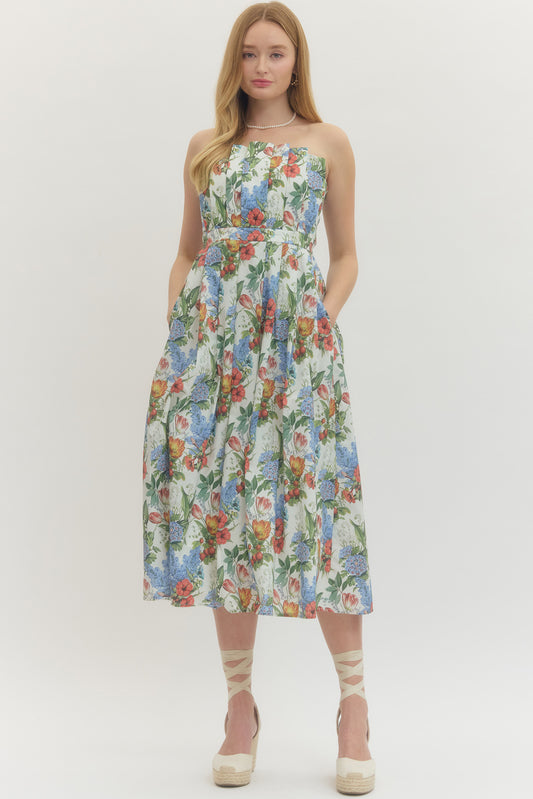 Floral Pleated Strapless Midi Dress