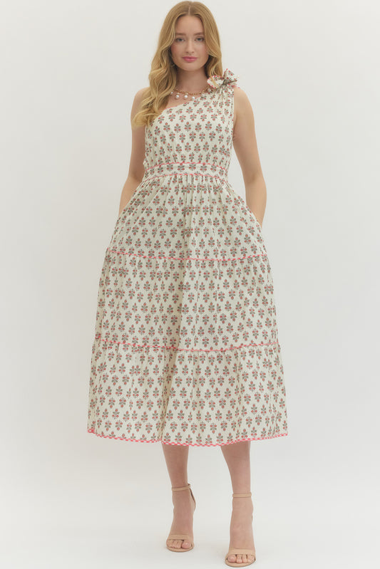 Floral Print One-Shoulder Sleeveless Midi With Bow Tie Shoulder Accent