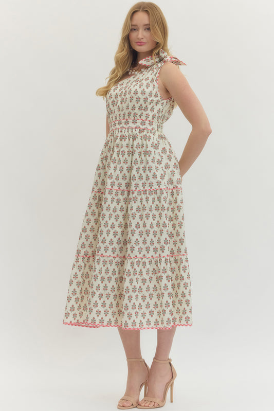 Floral Print One-Shoulder Sleeveless Midi With Bow Tie Shoulder Accent